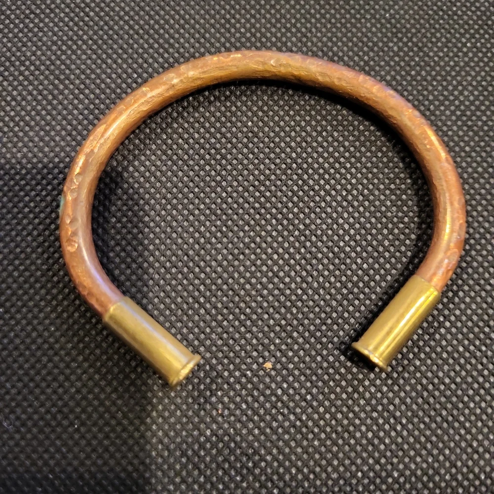 Solid Copper Hand Hammered Cuff Bracelet w/ Brass Bullet Casing Ends Sig…